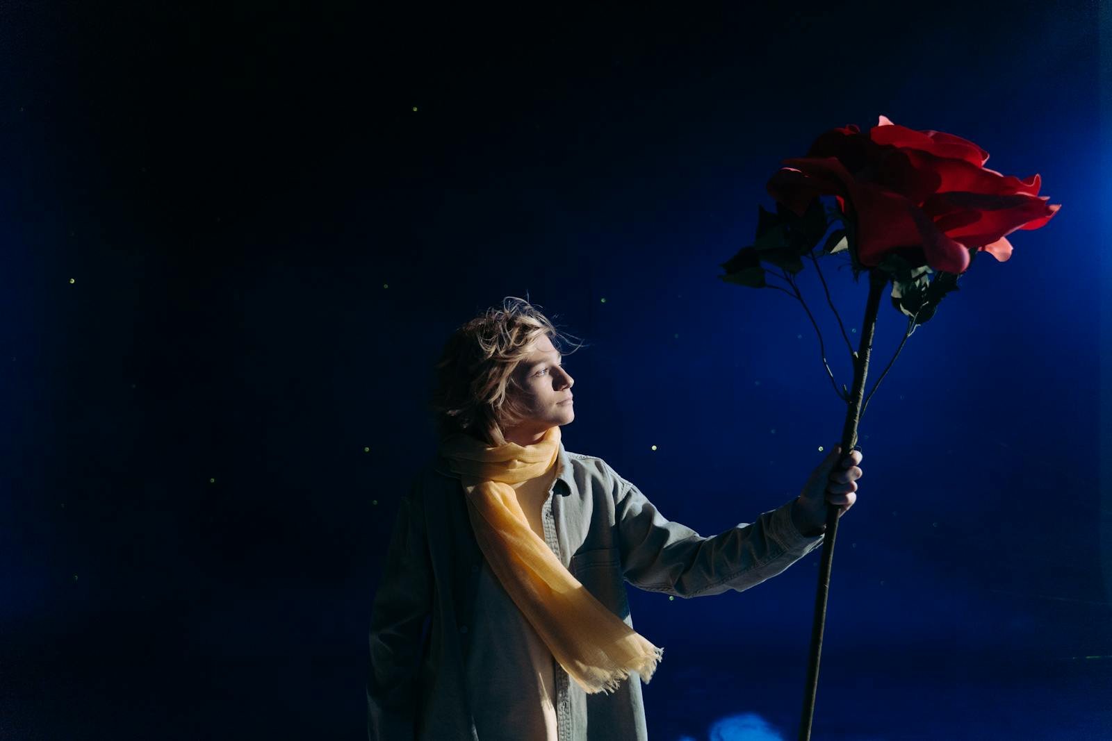 Boy with Yellow Scarf Holding Big Red Rose
