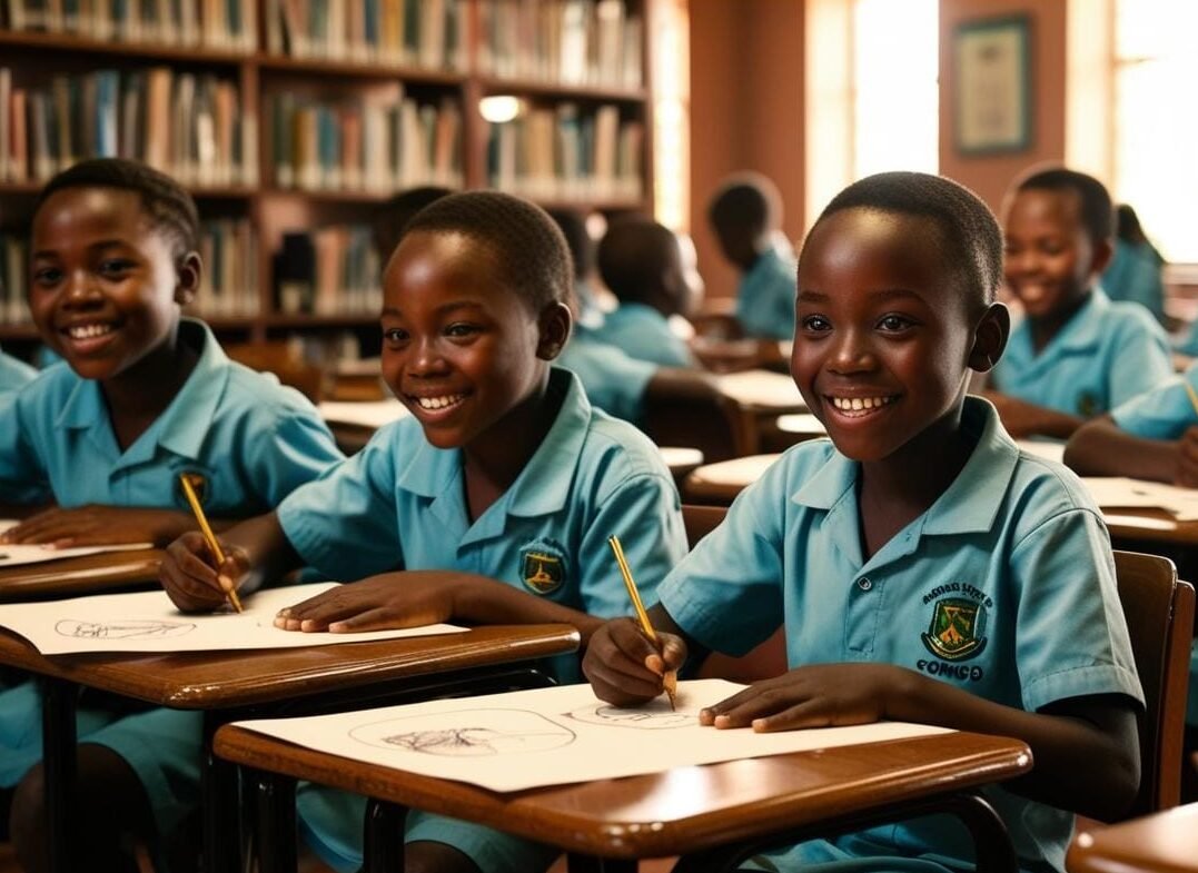 make a realistic picture of a happy young students who are from the Democratic Republic of the Congo, they are sitting in a chair and they are at the library trying to draw on a sheet of paper